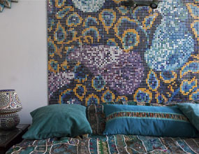 Eclectic Provence Style Interior Design Oriental Mosaic Tiles Headboard Bedside Lamps Bed Linen
